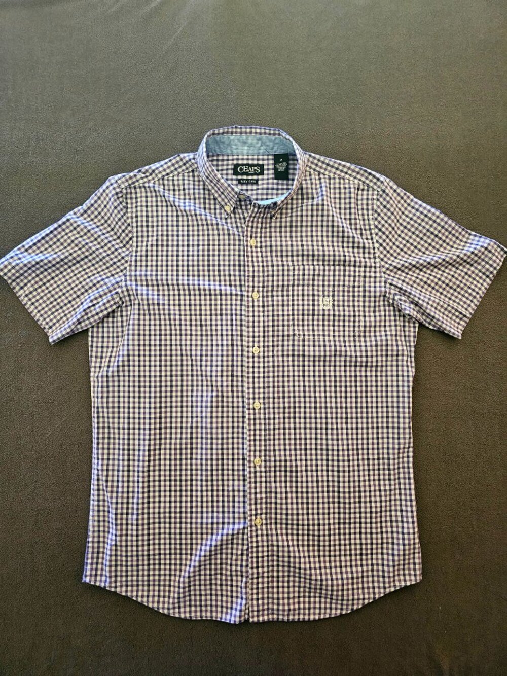 Chaps Shirt Mens Medium Purple White Gingham Short Sleeve Button Down Easy Care